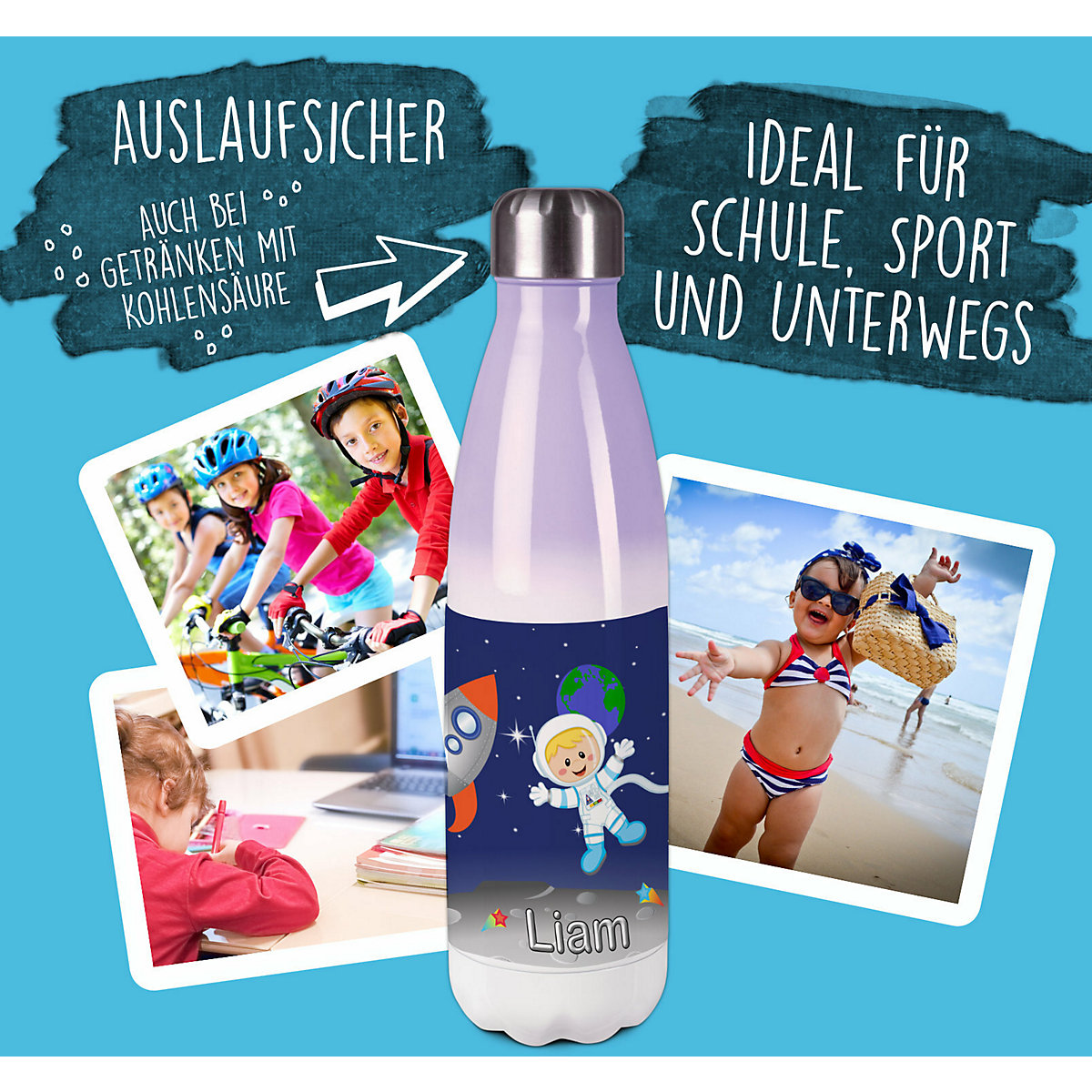 Edelstahl Kinder Thermoflasche / Trinkflasche bunt Weltall Spülmaschinenfest, Auslaufsicher, Bruchfest, Doppelwandig, Für Heißgetränke geeignet, Mit Deckel, Isoliert