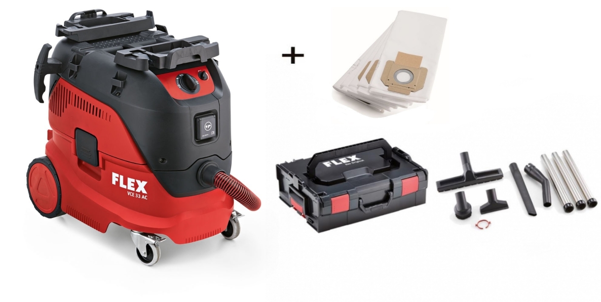 Flex-tools 471186 VCE33L AC Bezpečnostní vysavač s automatickým čištěním filtru, 30 l, třída L + čisticí sada v L-Boxxu + 1 balení netkaných filtračních sáčků