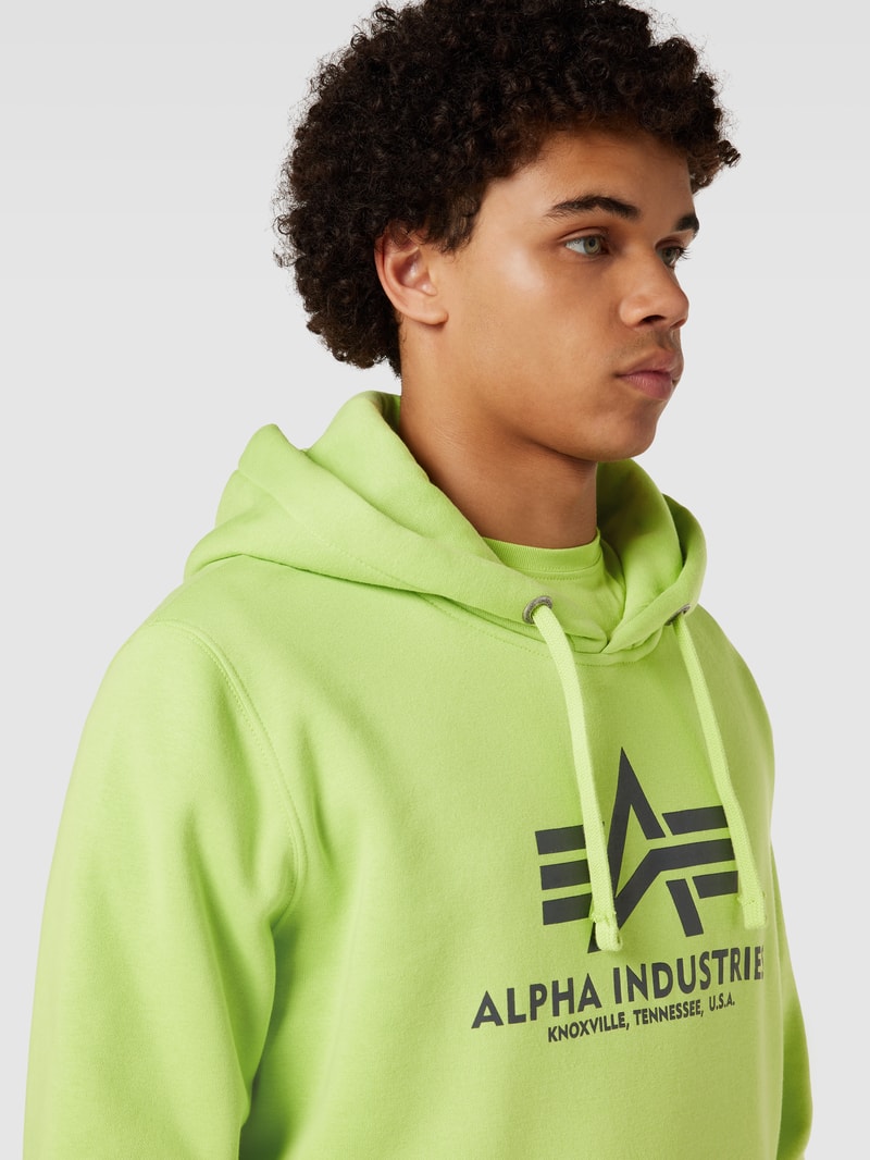 Hoodie mit Label-Print Modell 'BASIC' in neon gelb