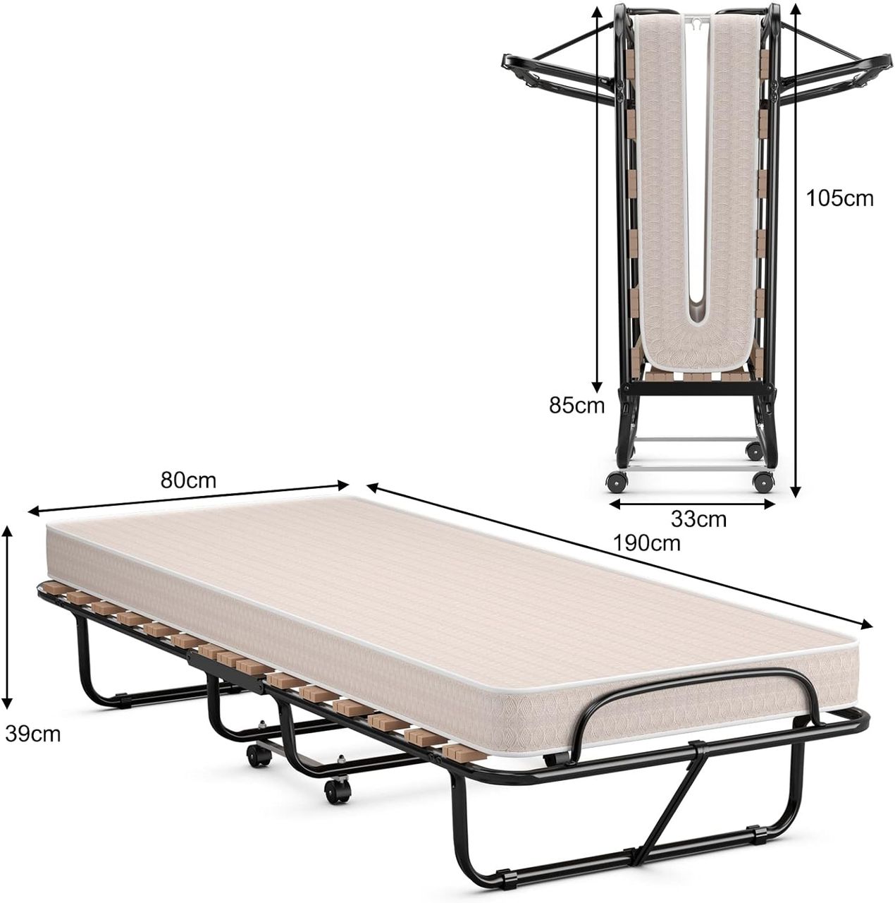 Costway 80x190cm Gästebett Klappbar, Faltbares Faltbett mit Matratze aus Rückstellschaum