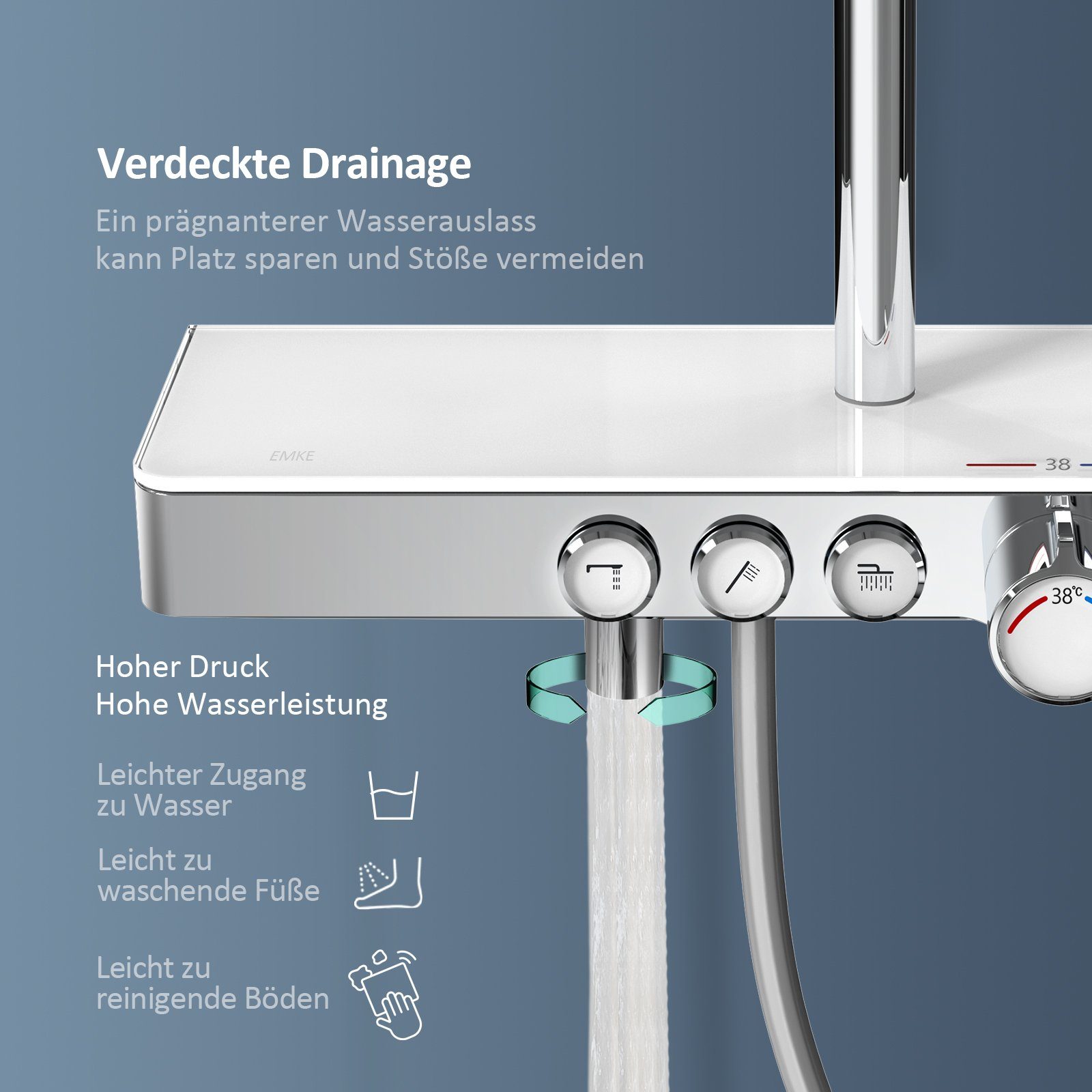 EMKE Duschsystem Duschsystem mit 38℃ Thermostat Glasablage Handbrause Regendusche, 3 Strahlart(en), Wasserauslass Verbrühungsschutz, Wandmontage, Duschamaturenset, Chrom