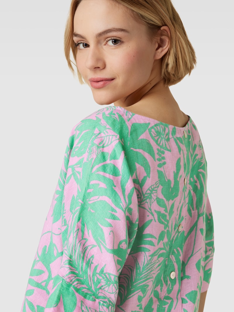 Blusenshirt aus Leinen mit Allover-Motiv-Print in dunkelgrün