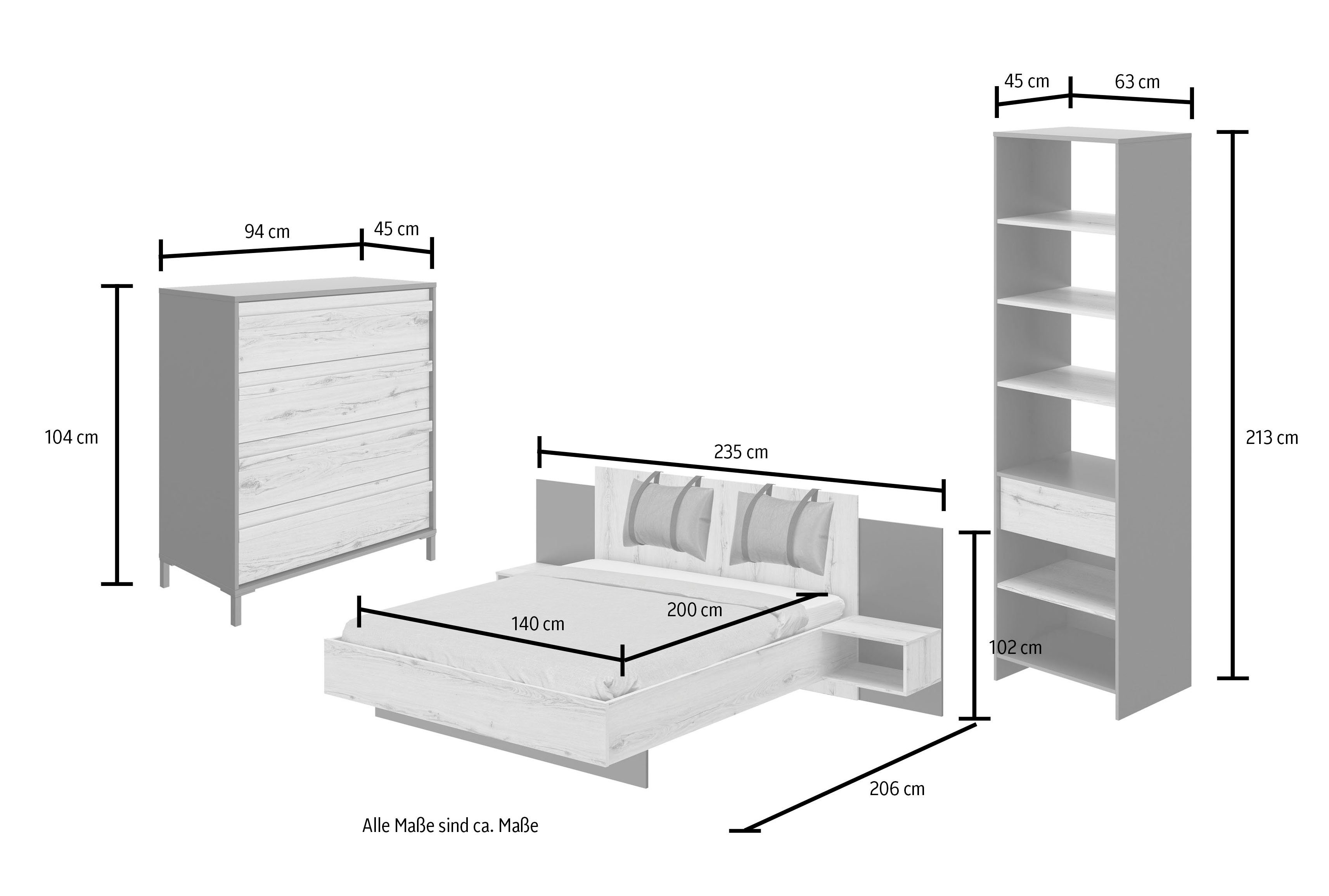 Gami Schlafzimmer-Set Mimizan, (6-St., Bett, 2 Kissen und inkl. 2x Nachttische, 1x Kleiderschrank, 1x Kommode)