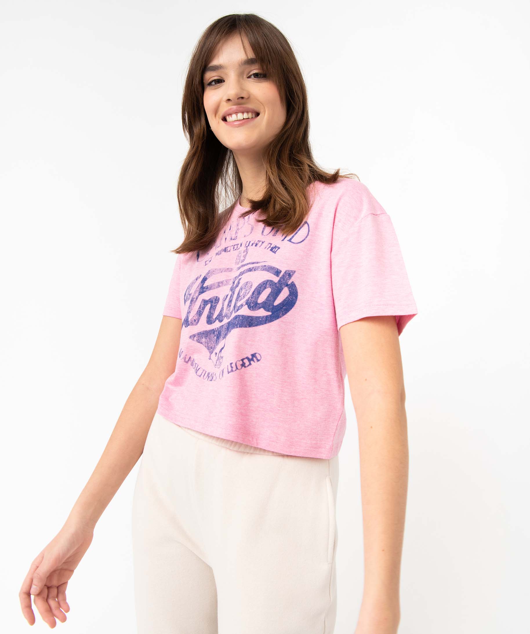 Tee-shirt femme à manches courtes inscription XXL - Camps U... rose | GEMO