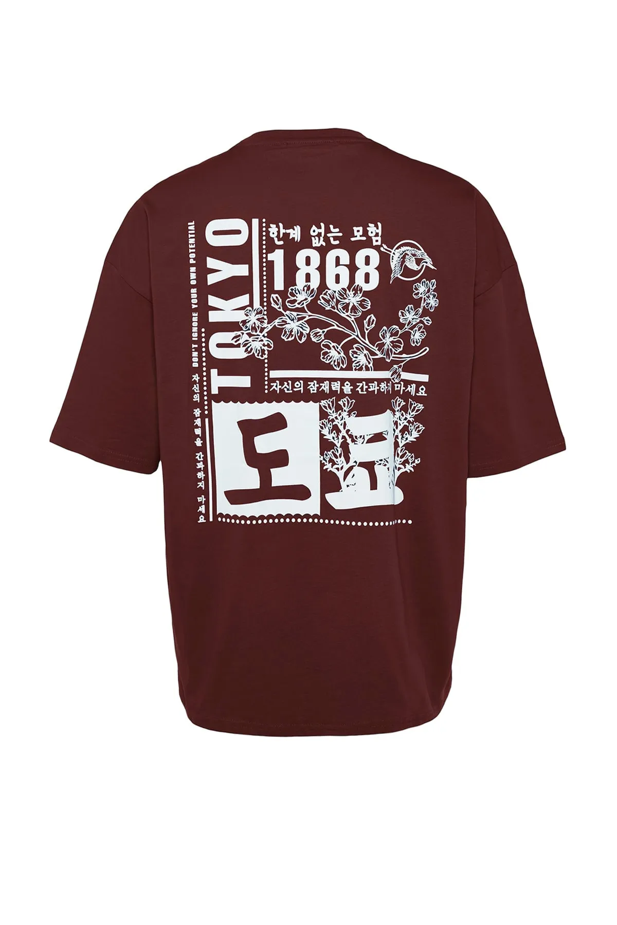 Trendyol Collection  Braunes Oversize-T-Shirt aus 100 % Baumwolle mit Fernost-Aufdruck TMNSS23TS00170