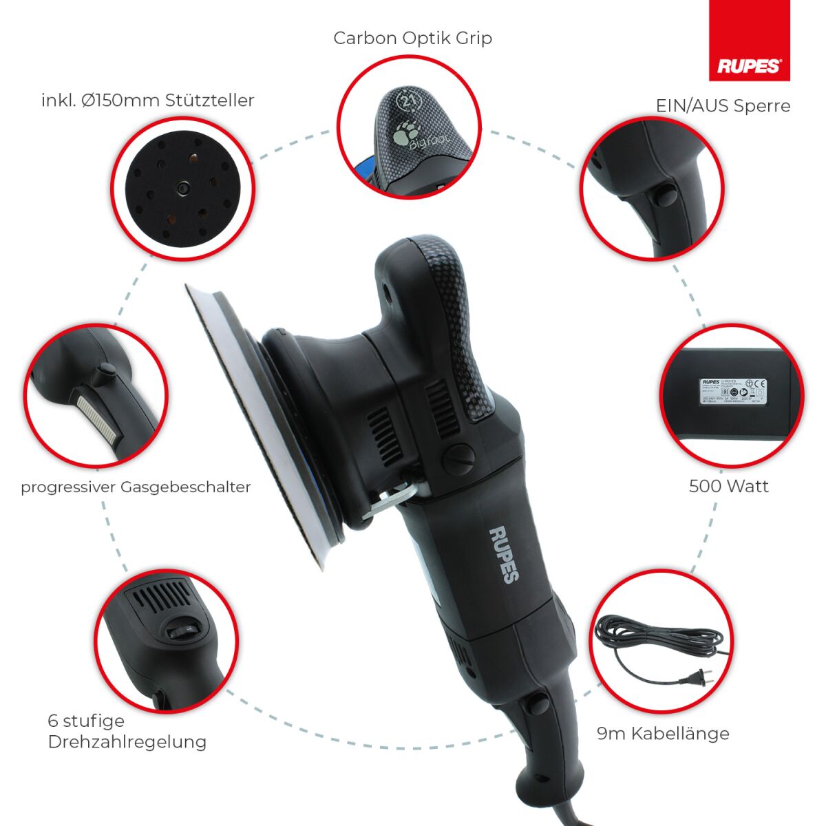 Rupes BigFoot LHR 21ES Exzenterpoliermaschine Luxus Kit, 15-teilig