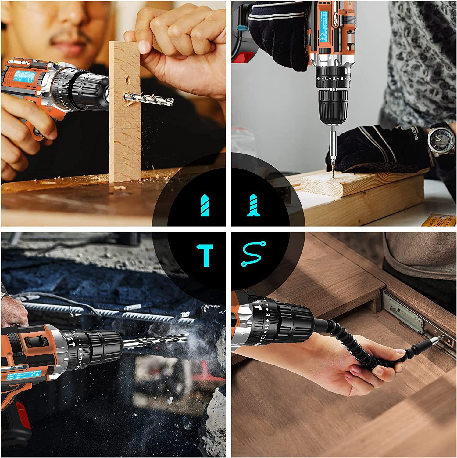Yaviel Akku-Schraubendreher Akkuschrauber Set Bohrmaschinen Akku Schlagbohrschrauber Bohrschrauber, Universal Drill 21 V Batterien, 450 U/min, 45 Nm, Drehmoment, 2-Gang