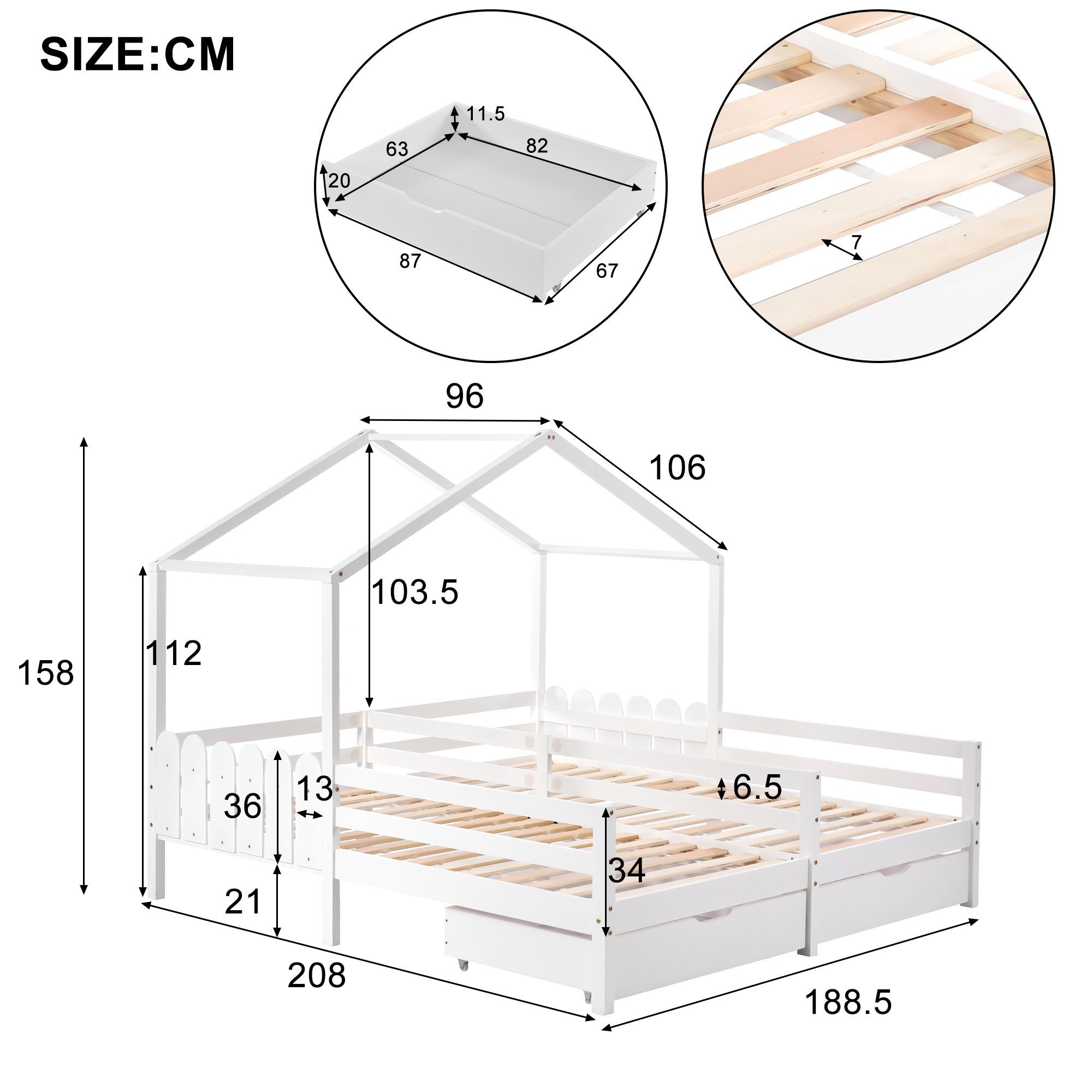 Flieks Massivholzbett, Hausbett Kinderbett Doppelbett 2 Schubladen 200x90cm