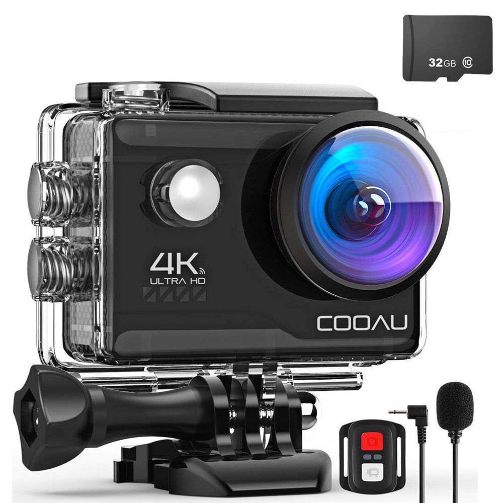 COOAU Action Cam 4K 30fps WiFi Kamera 20MP 170° Weitwinkel Time Lapse Action Cam (4K Ultra HD, 2,4G WLAN (Wi-Fi), mit 32GB SD Karte,EIS Bildstabilisator 170° Weitwinkel Time Lapse, Externem Mikrofon, 2.4G Fernbedienung, Zubehör Kit)