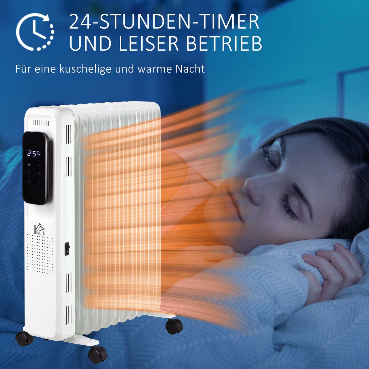 HOMCOM Ölradiator tragbar elektrisch Heizkörper 2290-2720W 3 Heizstufen 24-Stunden-Timing elektrische Heizung 11 Heizplatten mit 4 Rollen Weiß Metall 50,5 x 24 x 63 cm