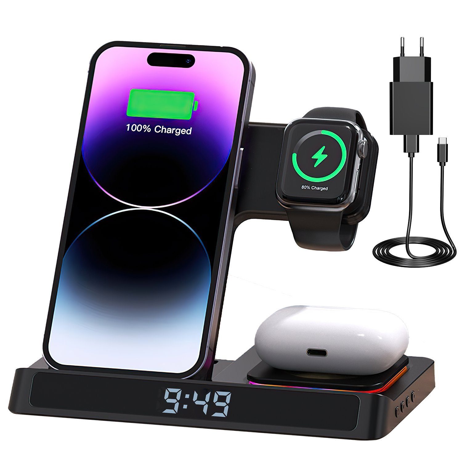 Yaviel Handy-Dockingstation Induktive Ladestation 4 in1 Kabellose Ladegerät Wireless Charger, Apple Watch Iphone Airpods Ultra Handy Charging Station Induktive