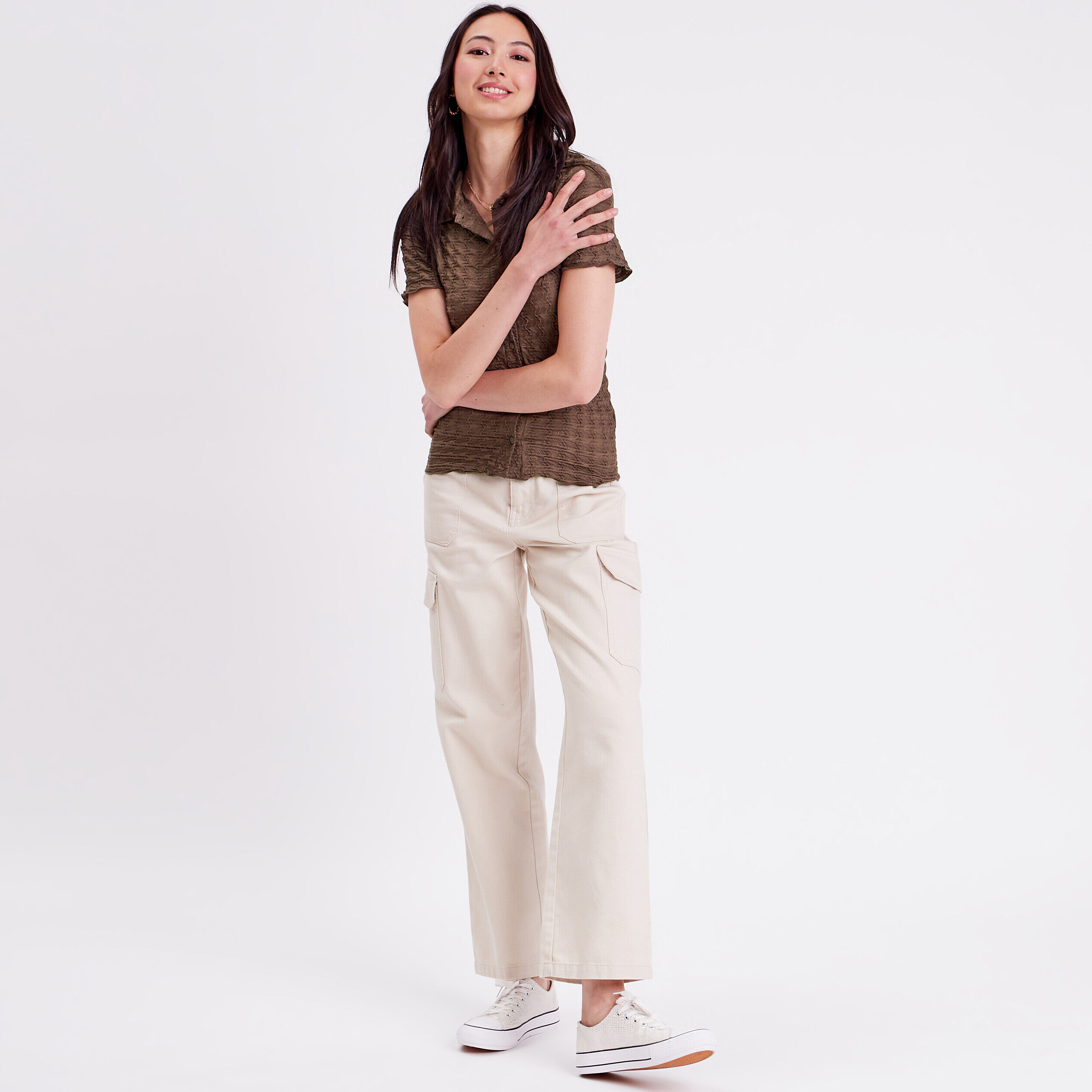 Blouse manches courtes gaufré taupe femme | Cache Cache