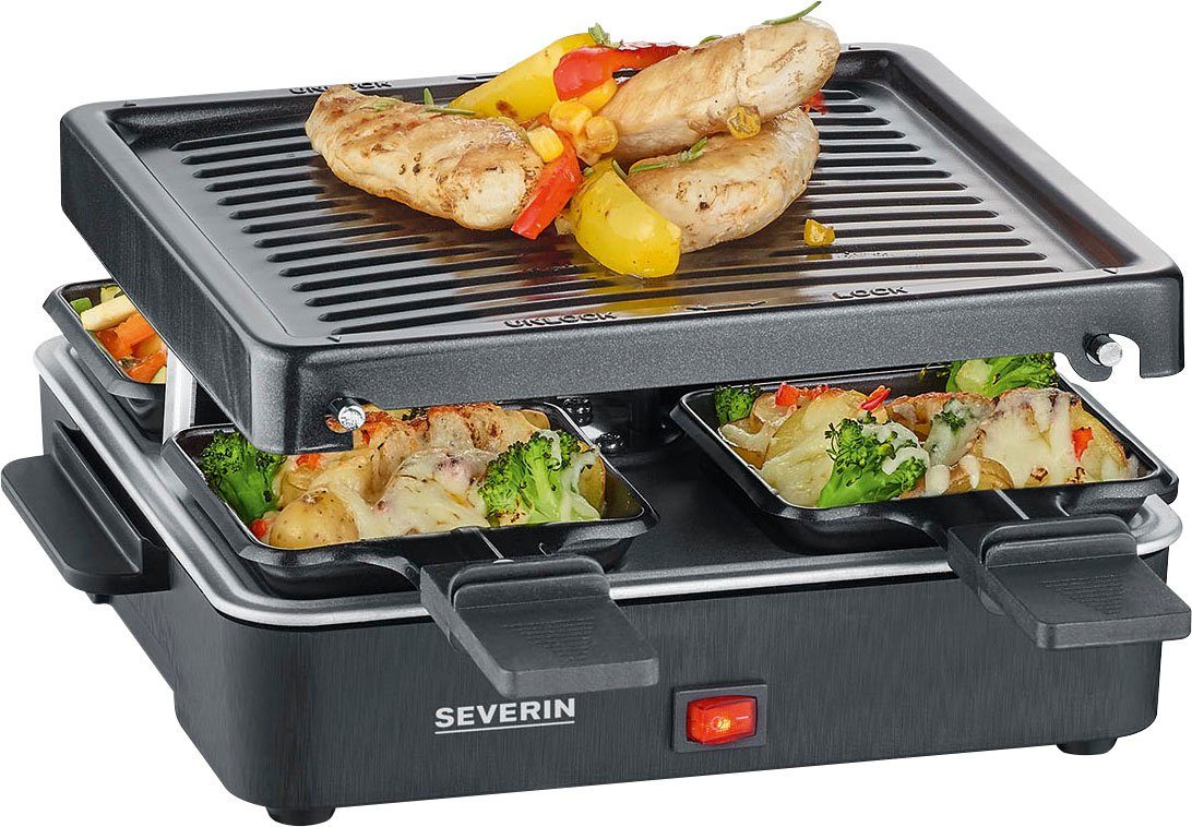 Severin Raclette RG 2370, 4 Raclettepfännchen, 600 W, Grillplatte, Antihaftbeschichtung, Kompaktes Design, Kontrollleuchte