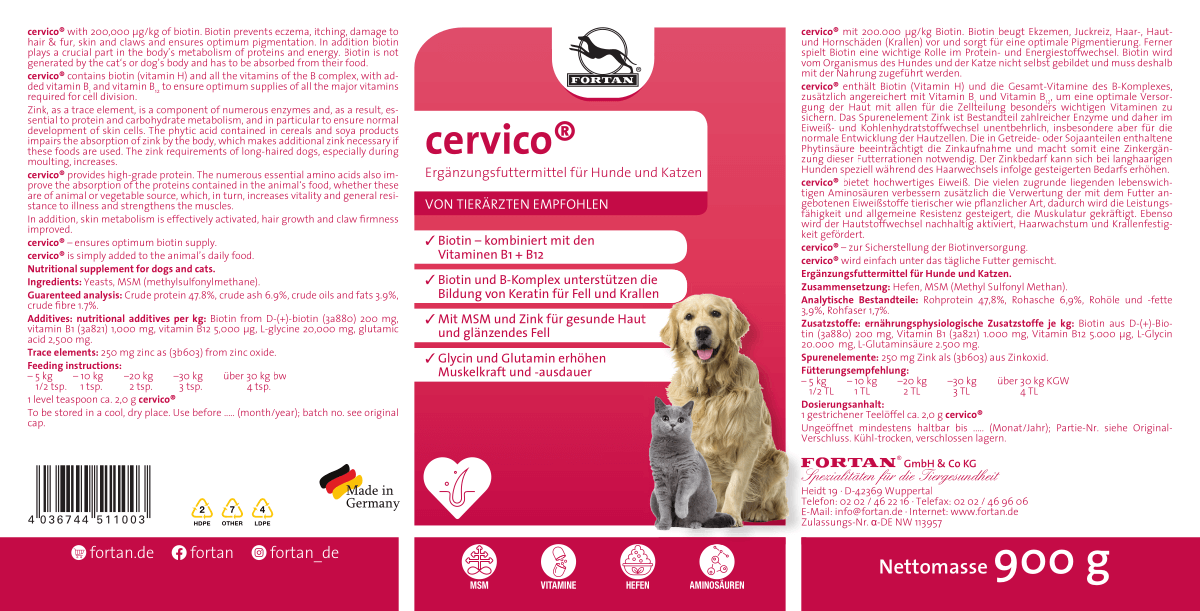 Fortan Ergänzungsfutter & Aufzucht Fortan Cervico Pulver mit Biotin 900 g