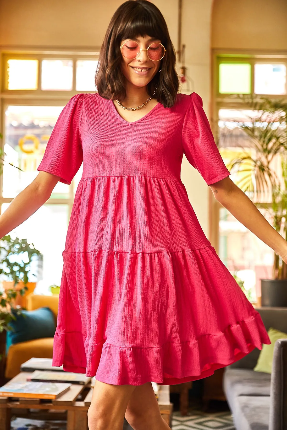 Olalook  Fuchsiafarbenes, lässiges Strickkleid mit V-Ausschnitt für Damen ELB-19001695
