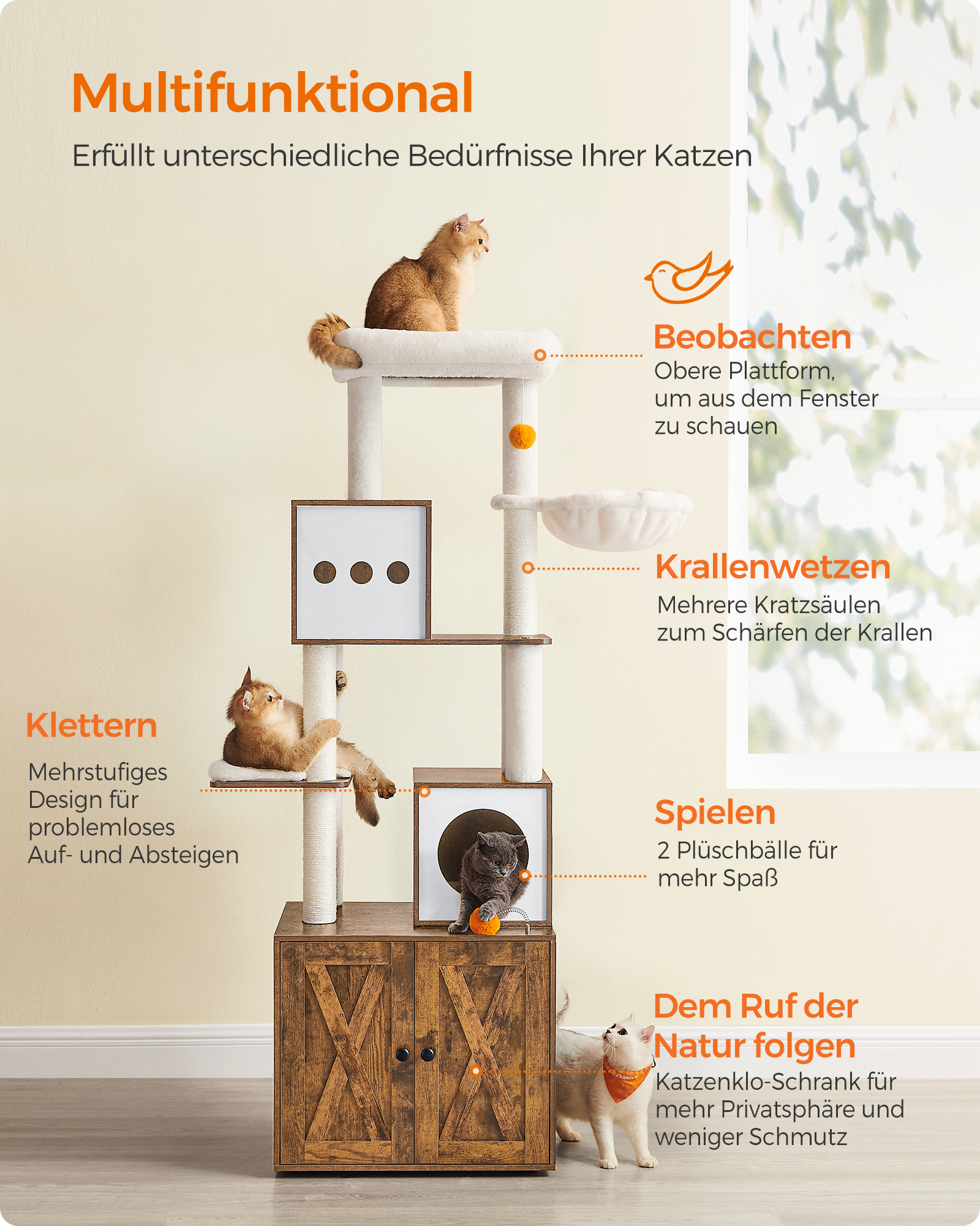 FEANDREA Kratzbäume FEANDREA Kratzbaum 185cm mit Katzenklo-Schrank vintagebraun braun