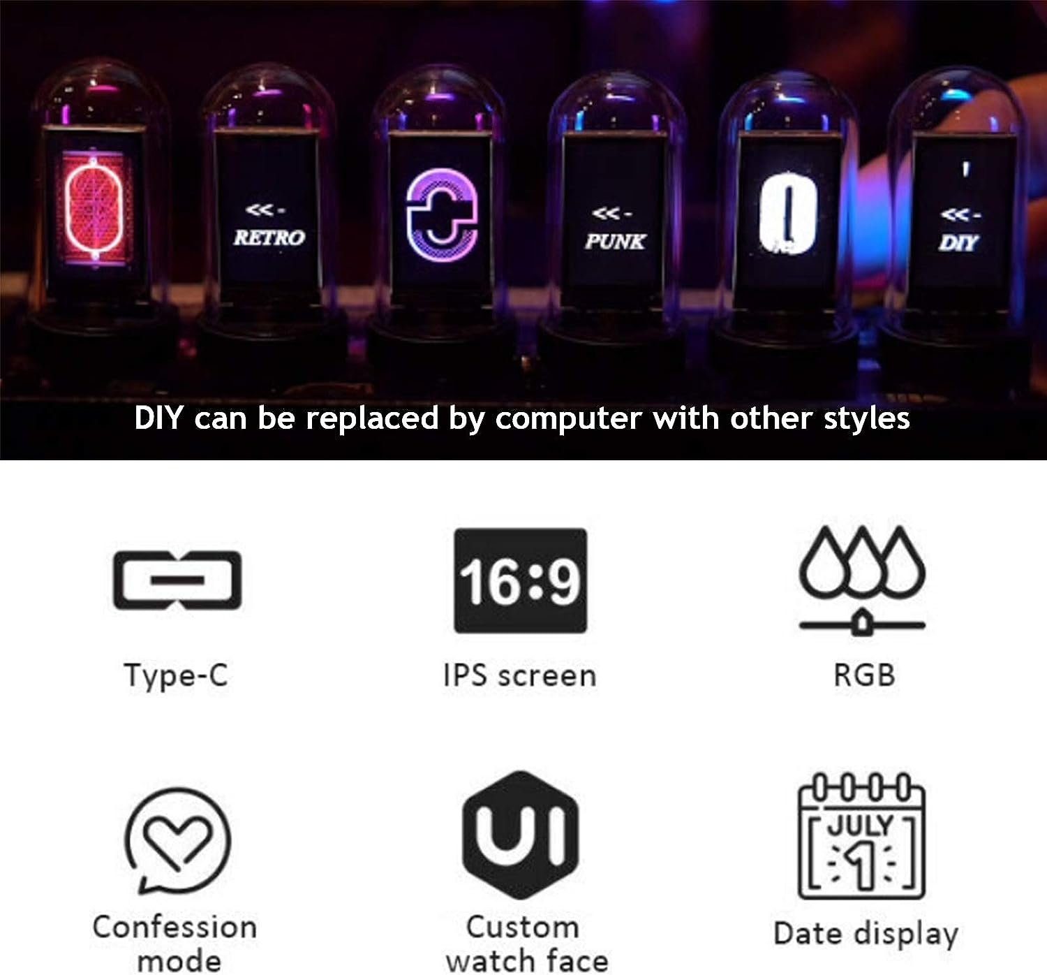 autolock Wecker RGB-Tischuhr,Vintage Digitaler Wecker,LED Nixie Uhr,RGB-Tischuhr DIY Nixie Röhrenuhr,LED Digitaluhr,DIY Customized Photo Display