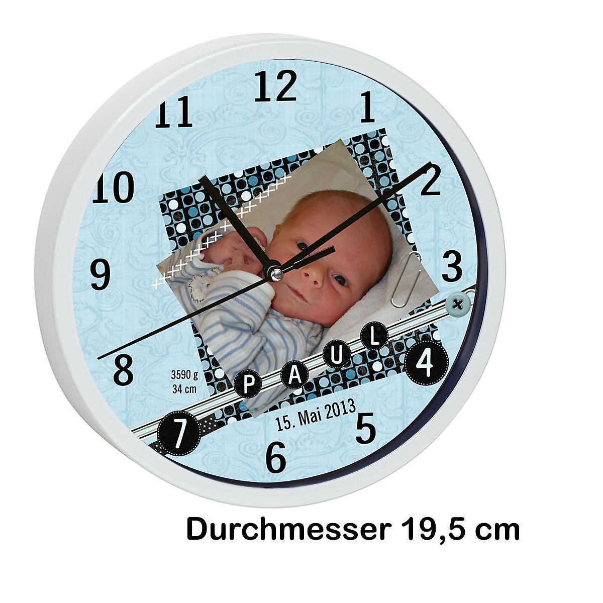 Kinder Wanduhr personalisiert mit Name Scrapbooking blau