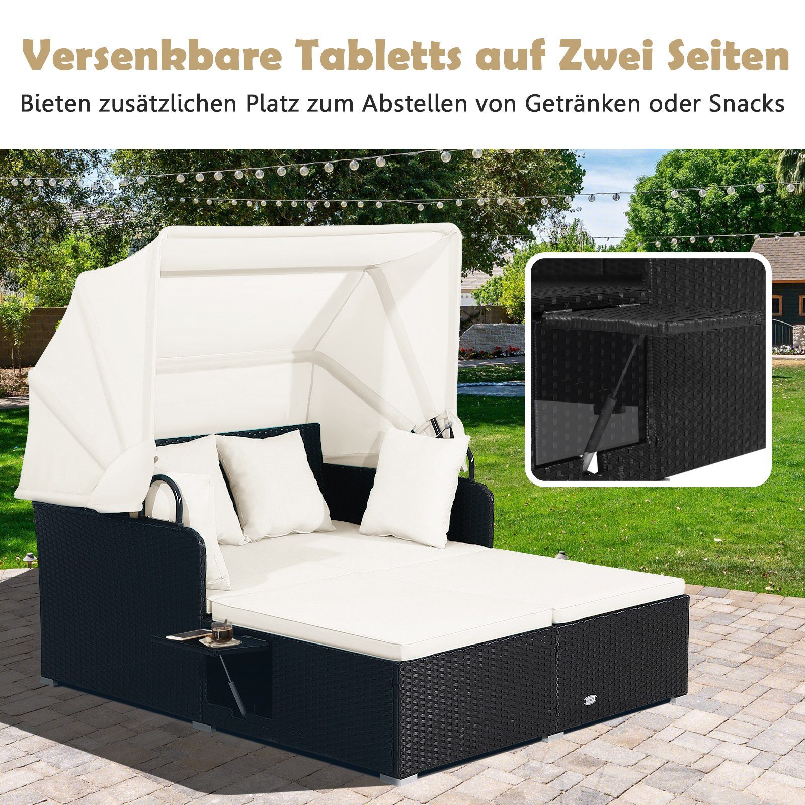 COSTWAY Loungebett, Rattan, 2-Personen, mit einziehbarem Sonnendach, Kissen