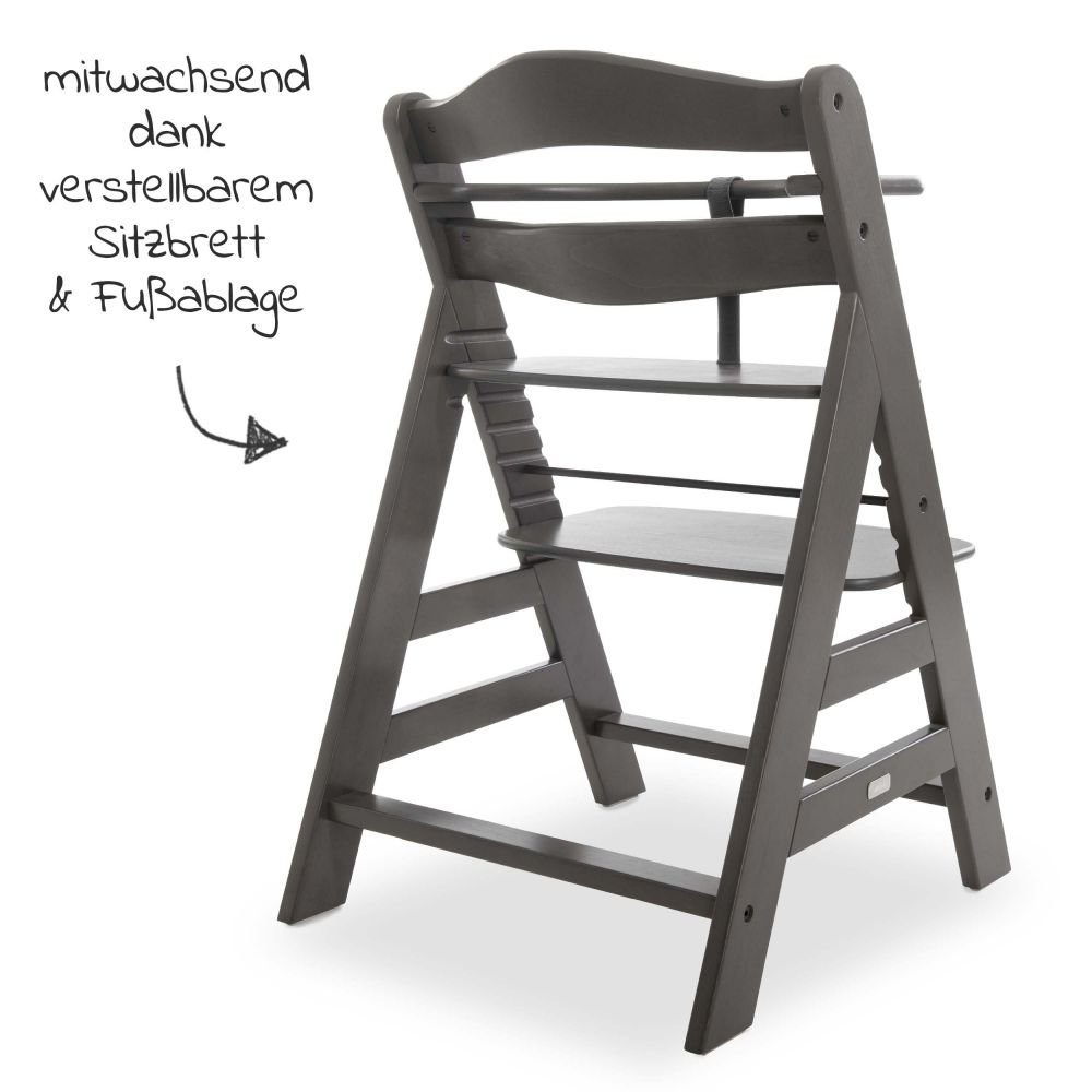 Hauck Hochstuhl Alpha Plus Select - Charcoal / Dunkelgrau, Mitwachsender Holz Kinderhochstuhl verstellbar mit Schutzbügel & Gurt