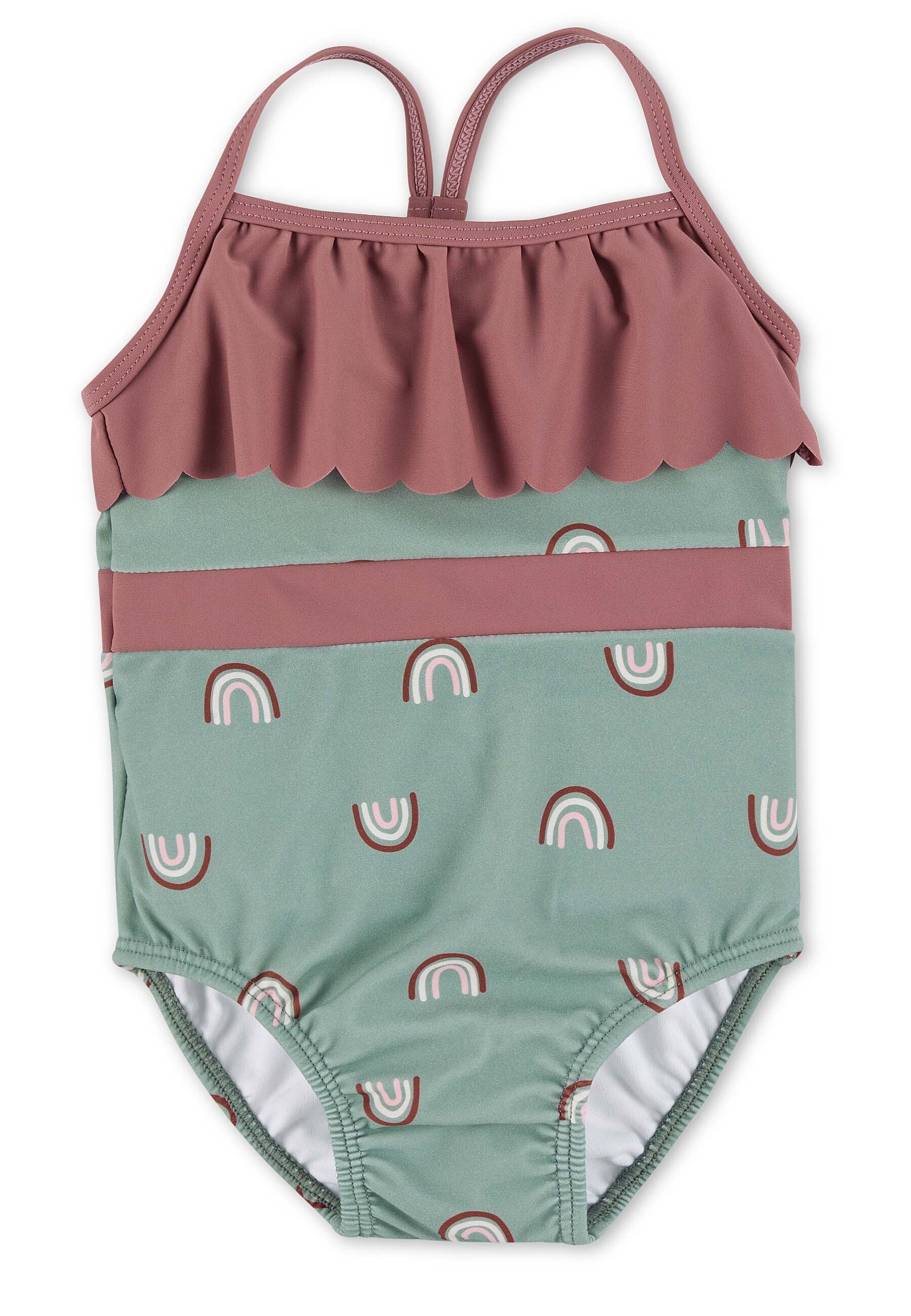 Badeanzug  in Rosa mit Grün und Regenbogen Motiv