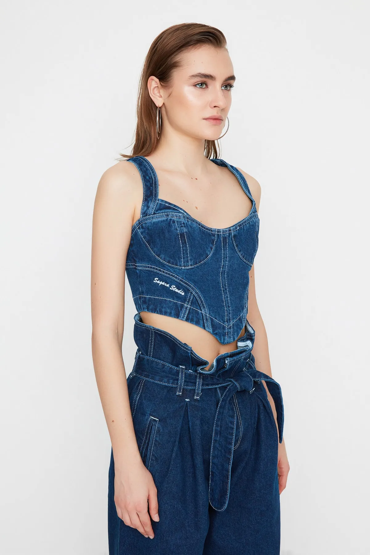 Trendyol Collection  X Sagaza Studio Marineblaue Jeansbluse TPRAW22BZ1118