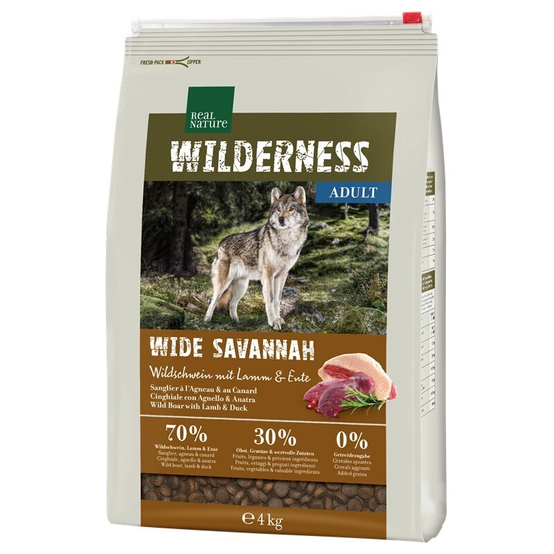 REAL NATURE Hundetrockenfutter REAL NATURE WILDERNESS Wide Savannah Wildschwein mit Lamm & Ente 4 kg