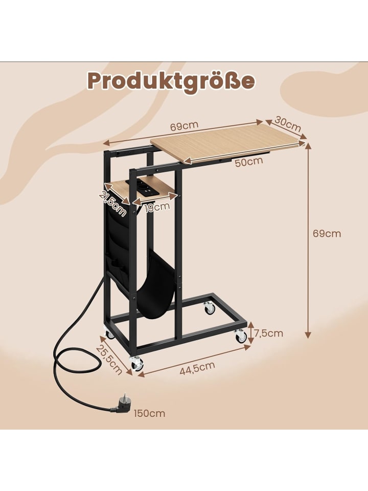 COSTWAY Beistelltisch C-förmig mit Ladestation in Hellbraun günstig kaufen onesize
