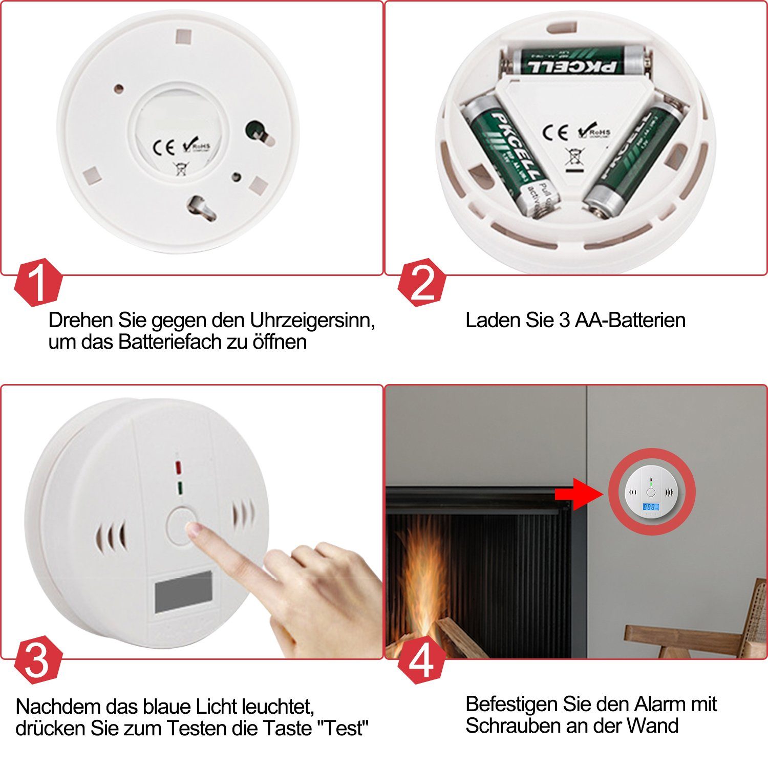 TolleTour CO Melder 5er set Feuermelder Gasmelder Geschäft Detektor Rauchmelder (Detektor Brandmelder Empfangsbereichen Kohlenmonoxid, einfache installation)