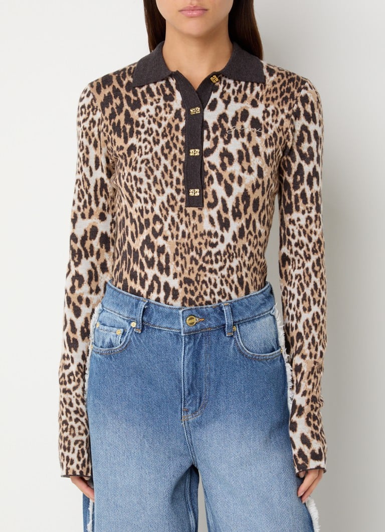 Ganni Fine-knit merino wool sweater with leopard print