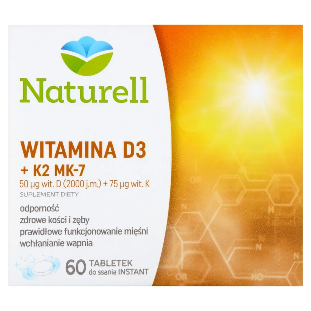 „Naturell“ vitaminas D3 + K2 MK-7, 2000 TV + 75 mcg, greito veikimo pastilės