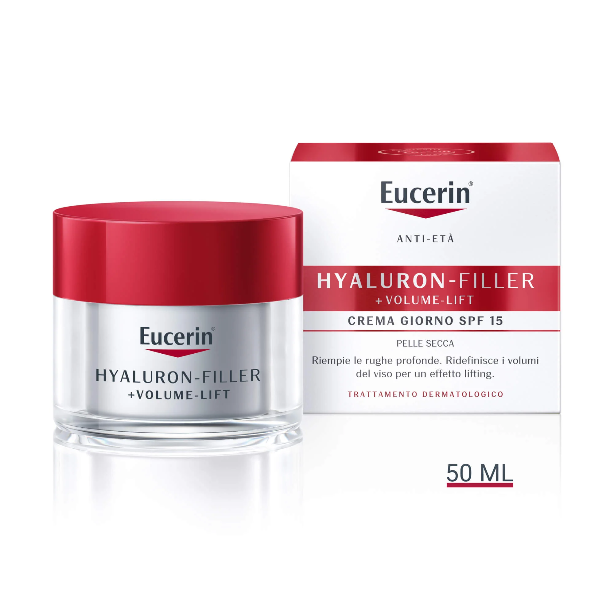 Dieninis kremas „Hyaluron-Filler + Volume-Lift“ sausai odai – dieninis kremas su stangrinamąja funkcija