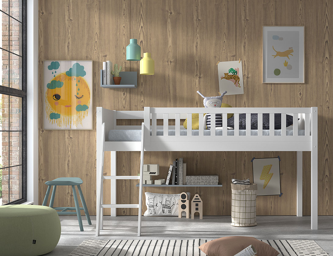 VIPACK Spielbett SCOTT, LF 90 x 200 cm, mit Rolllattenrost und Leiter, Ausf. Kiefer massiv weiß lackiert