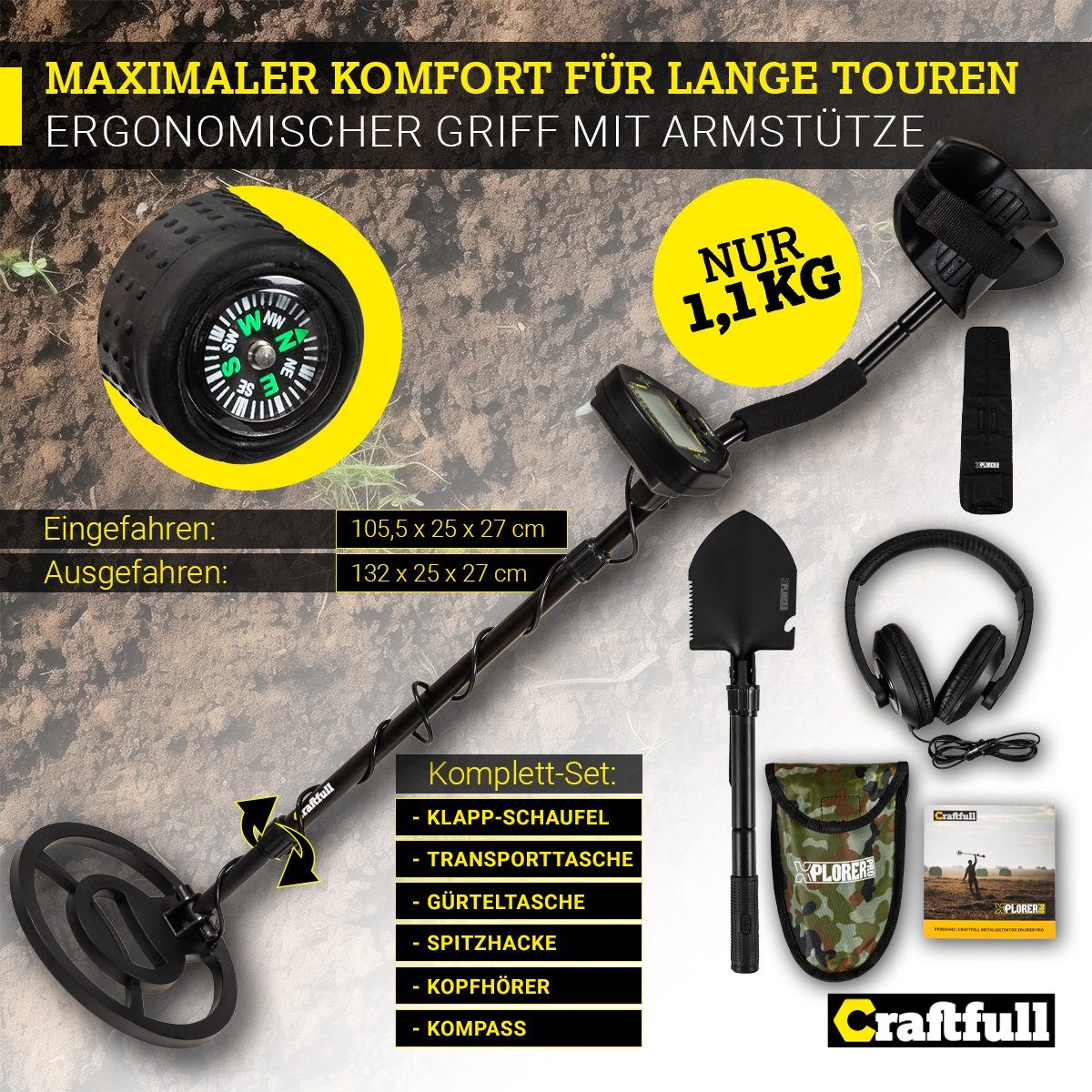 Craftfull Metalldetektor Metallsuchgerät Detector Komplettset XPlorer Pro inkl. Transporttasche, mit Gürtel-Tasche, Sondeln bis 30 cm Tiefe, 5 Modi, großes LCD-Display