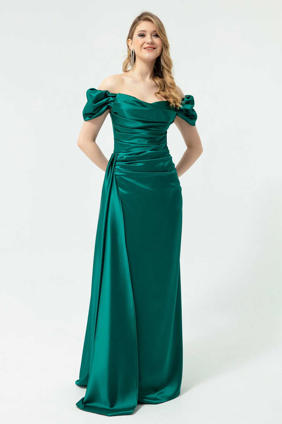 Lafaba  Smaragdgrünes Abendkleid und Abschlusskleid aus Satin mit U-Boot-Ausschnitt für Damen