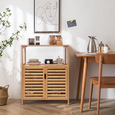 WAOHO Badkommode Badezimmerschrank Bambus, Sideboard Wohnzimmer, Schließfach 65X87X33cm, Abnehmbare Partition