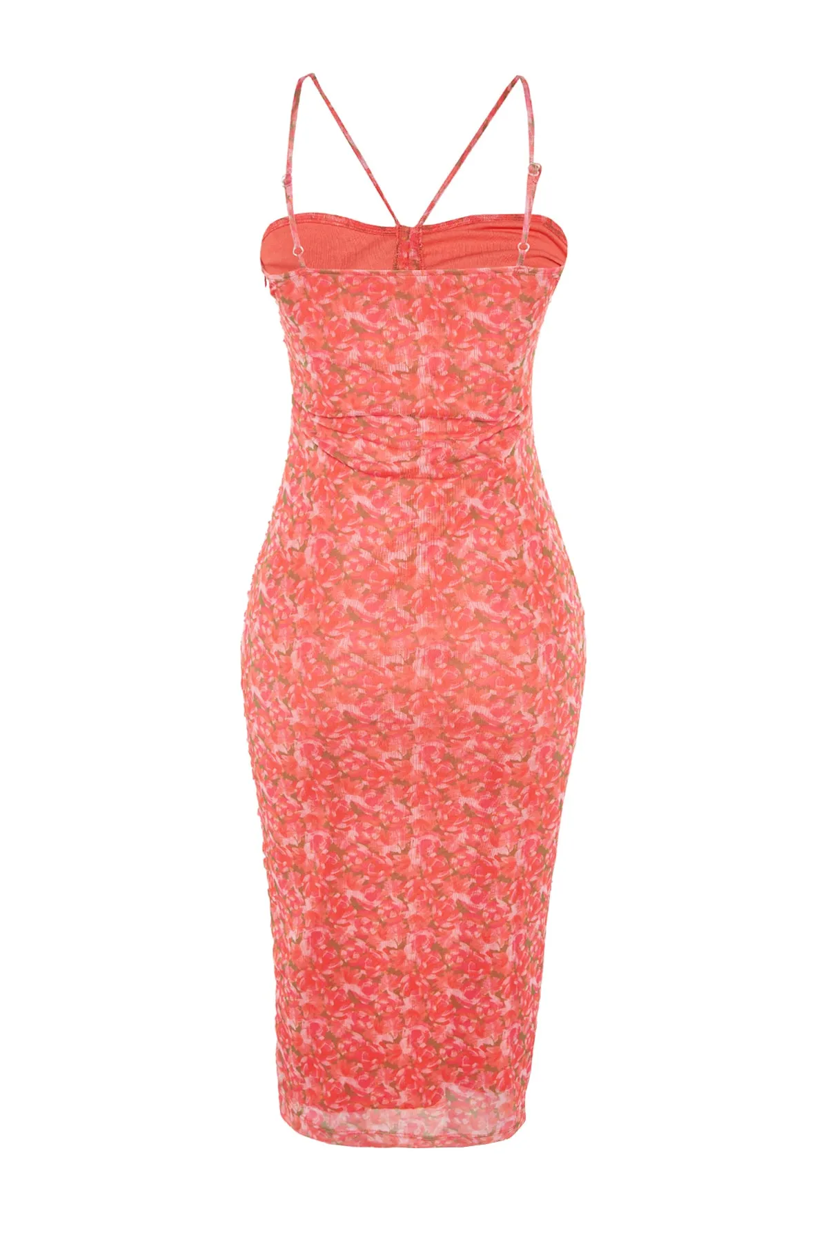 Trendyol Collection  Rosa bedrucktes, figurbetontes, drapiertes, detailliertes, gerafftes, dehnbares Midi-Strickkleid aus Tüll TWOSS23EL00360