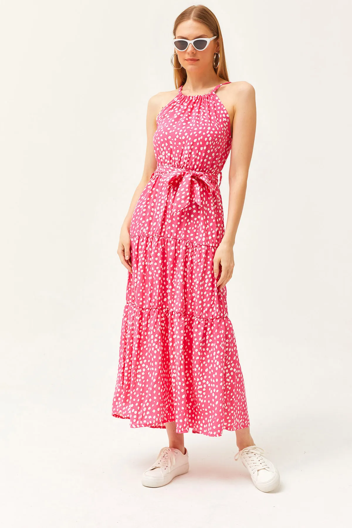 Olalook  Damen Polka Dot Fuchsia Neckholder-Kleid aus gewebter Viskose mit Gürtel ELB-19001548