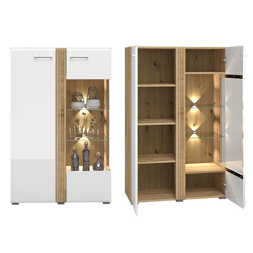 Lomadox Wohnwand AKRON-131, (4-St., 4-tlg), Anbauwand inkl. Vitrinenschrank, Lowboard, Wandboard und Highboard
