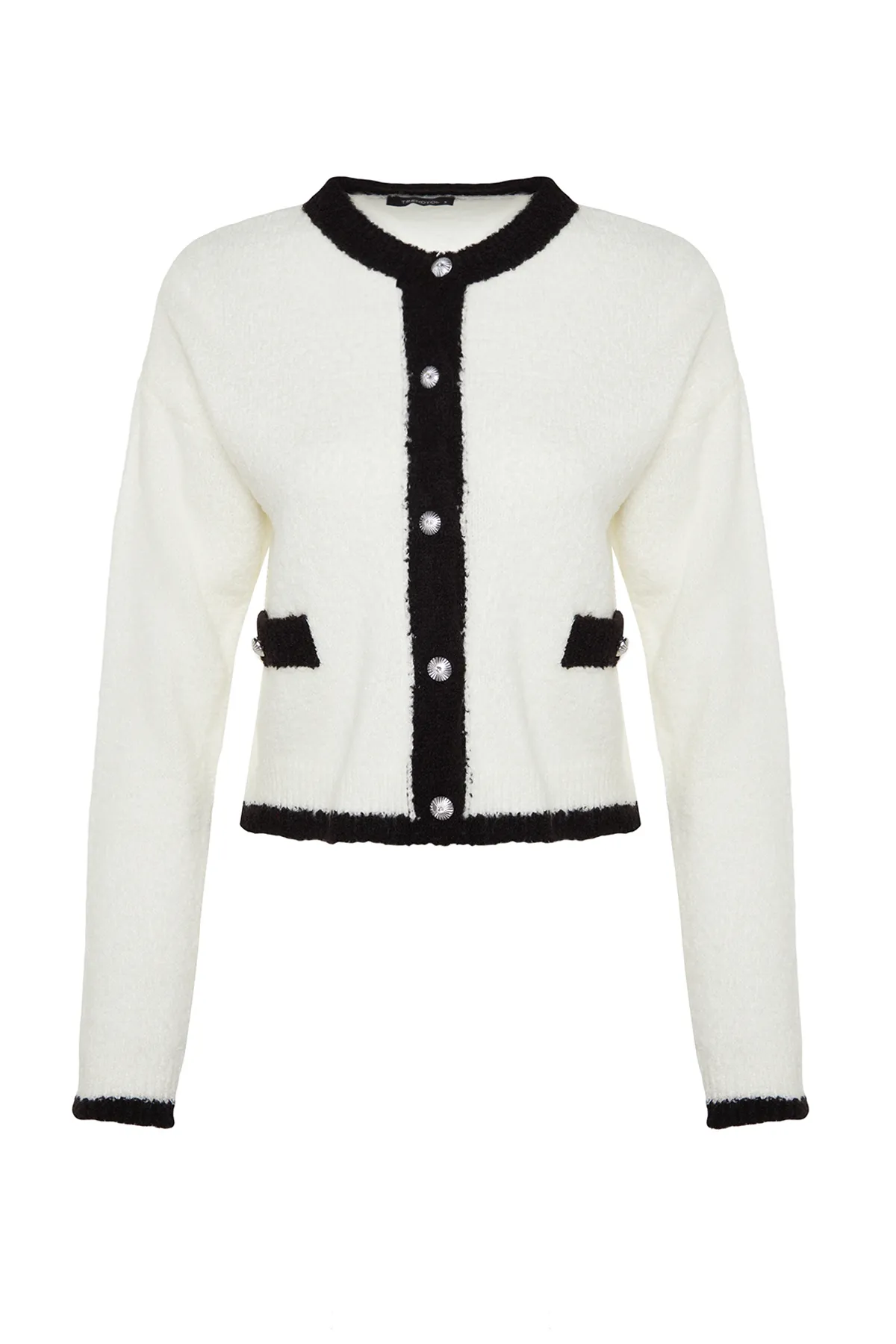 Trendyol Collection  Ecrufarbene Strickjacke aus Bouclégarn TWOAW24HI00317