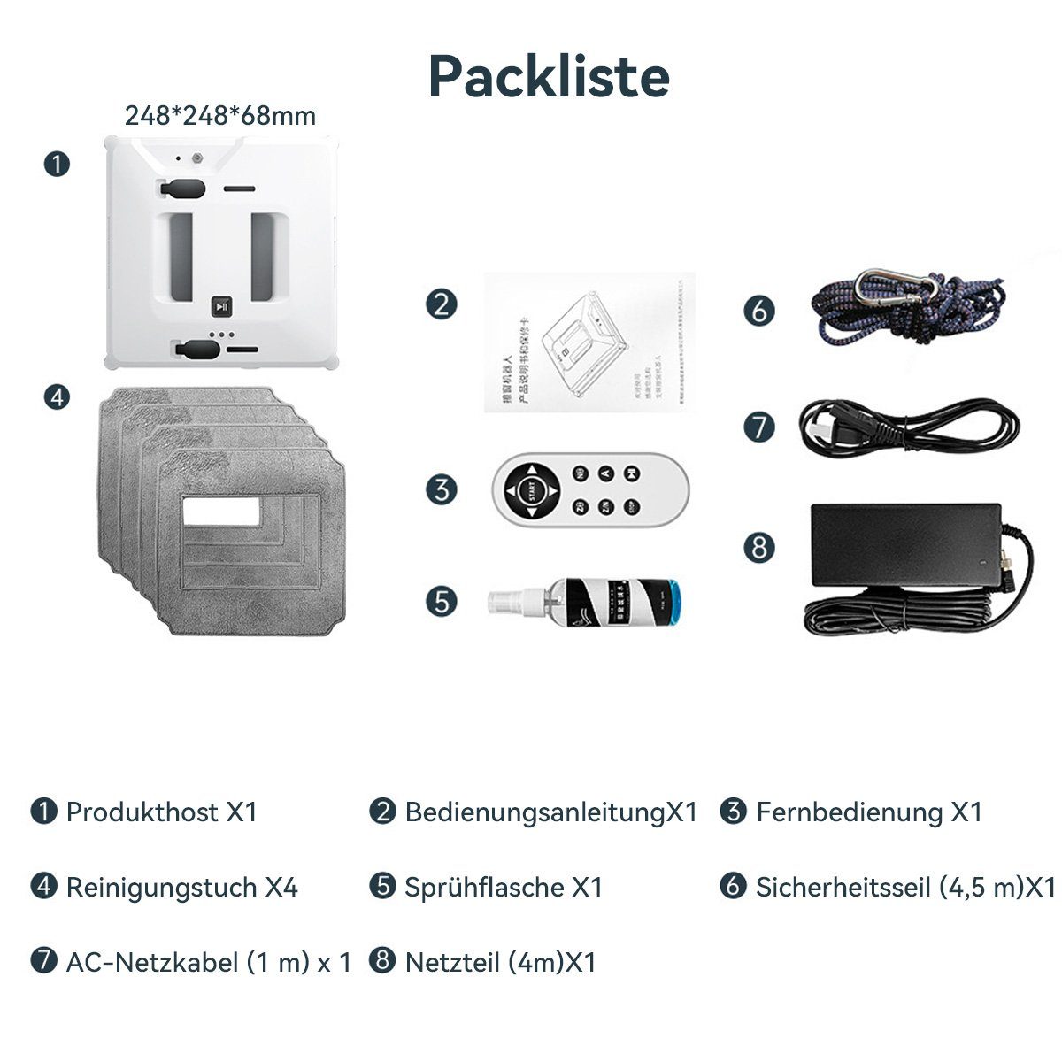Hikeren Fensterputzroboter Fenstersauger,3000Pa,Automatischer Fensterputzer,Doppelter Wassertank, Mehrfachschutz, Sicherheitsseil, USV-Stromausfallschutz