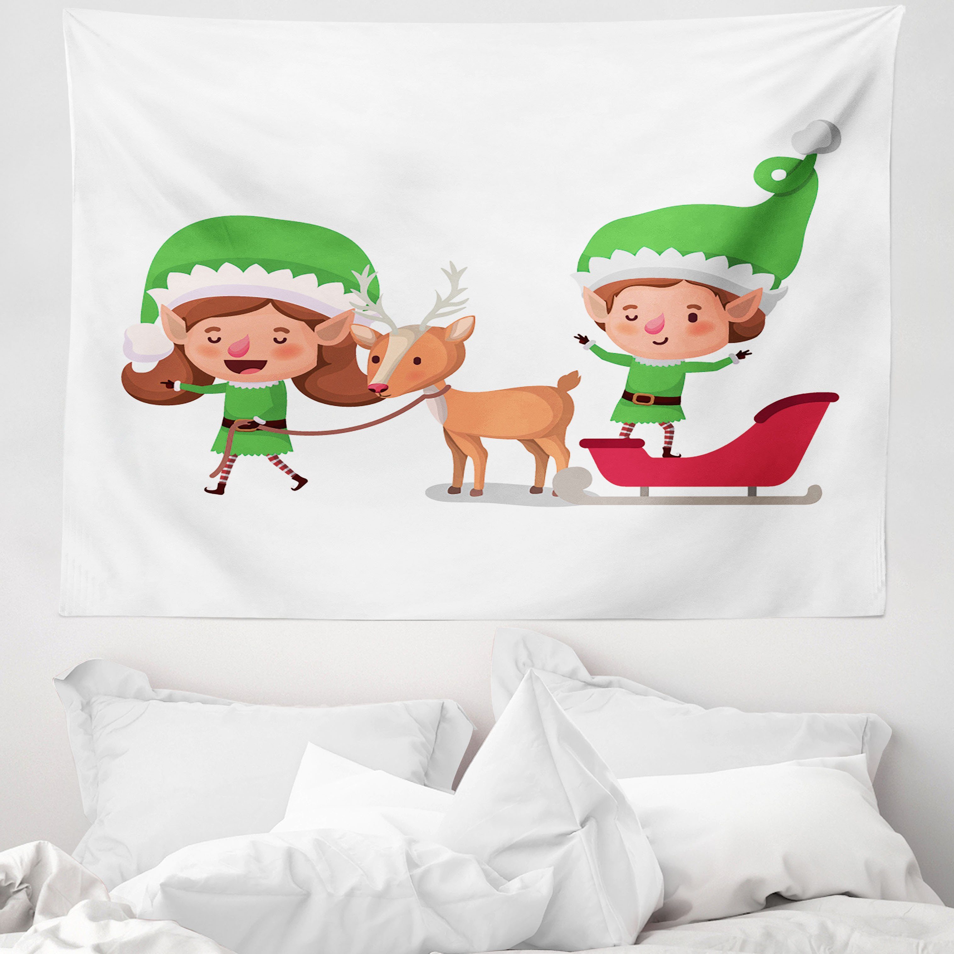 Wandteppich aus Weiches Mikrofaser Stoff Für das Wohn und Schlafzimmer, Abakuhaus, rechteckig, Elf Elfen und Rentiere auf Sleigh