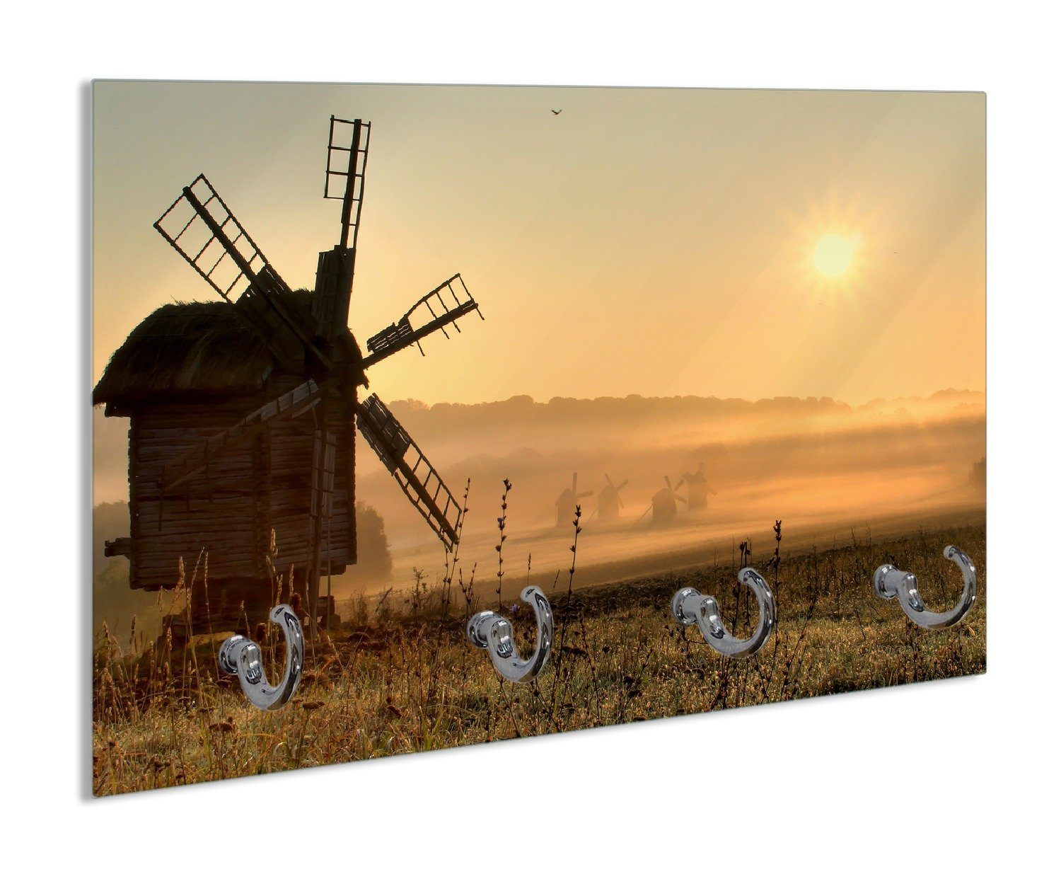 Wallario Schlüsselbrett Morgendämmerung am Mühlenfeld, (inkl. Aufhängeset), 30x20cm, aus ESG-Sicherheitsglas