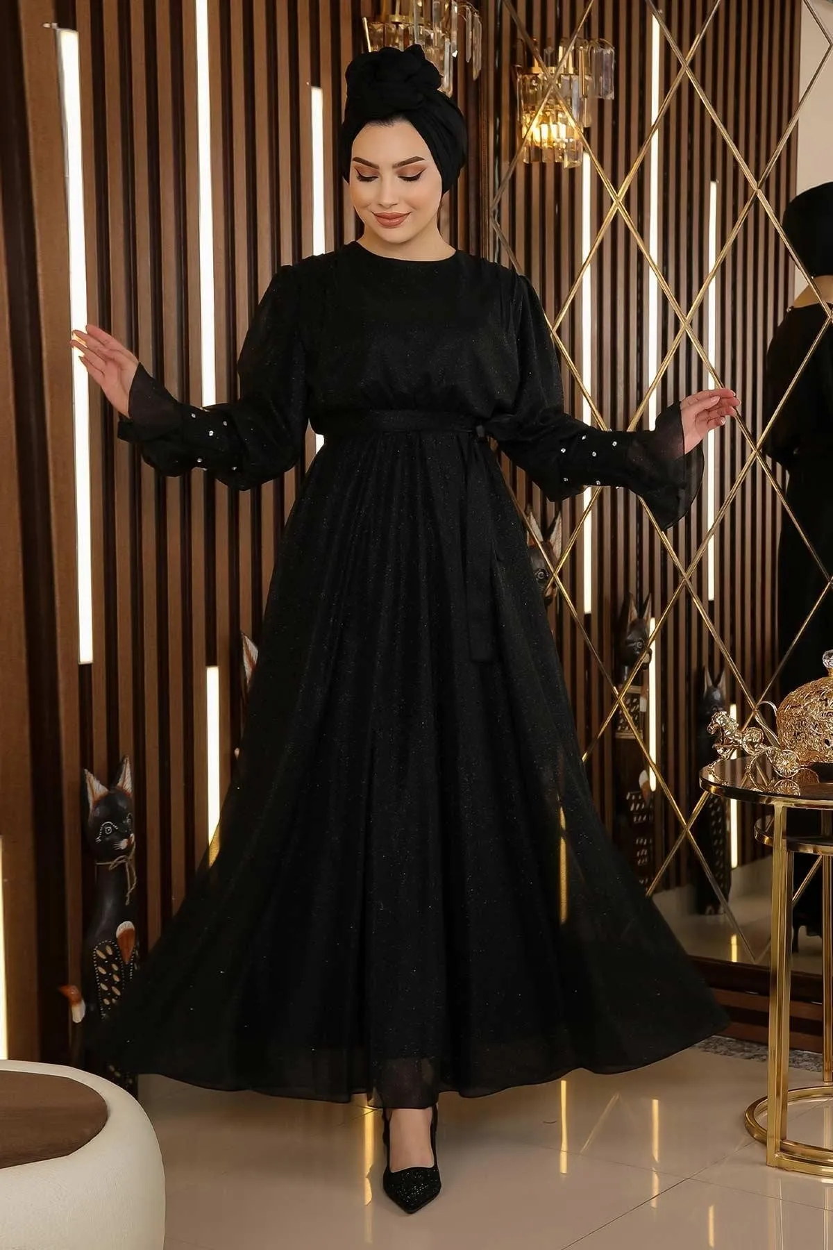 Modamihram  Abendkleid aus Chiffon mit Steindetail und Glitzer, Schwarz 19113