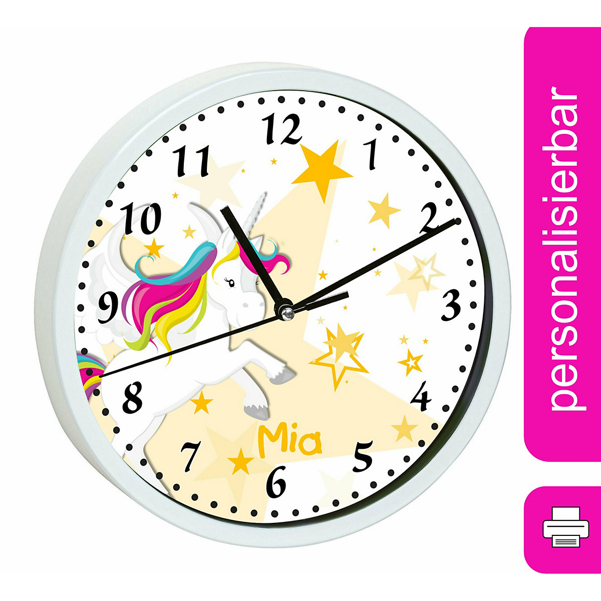 Kinder Wanduhr laufruhig personalisiert mit Name Pegasus Sterne Gelb