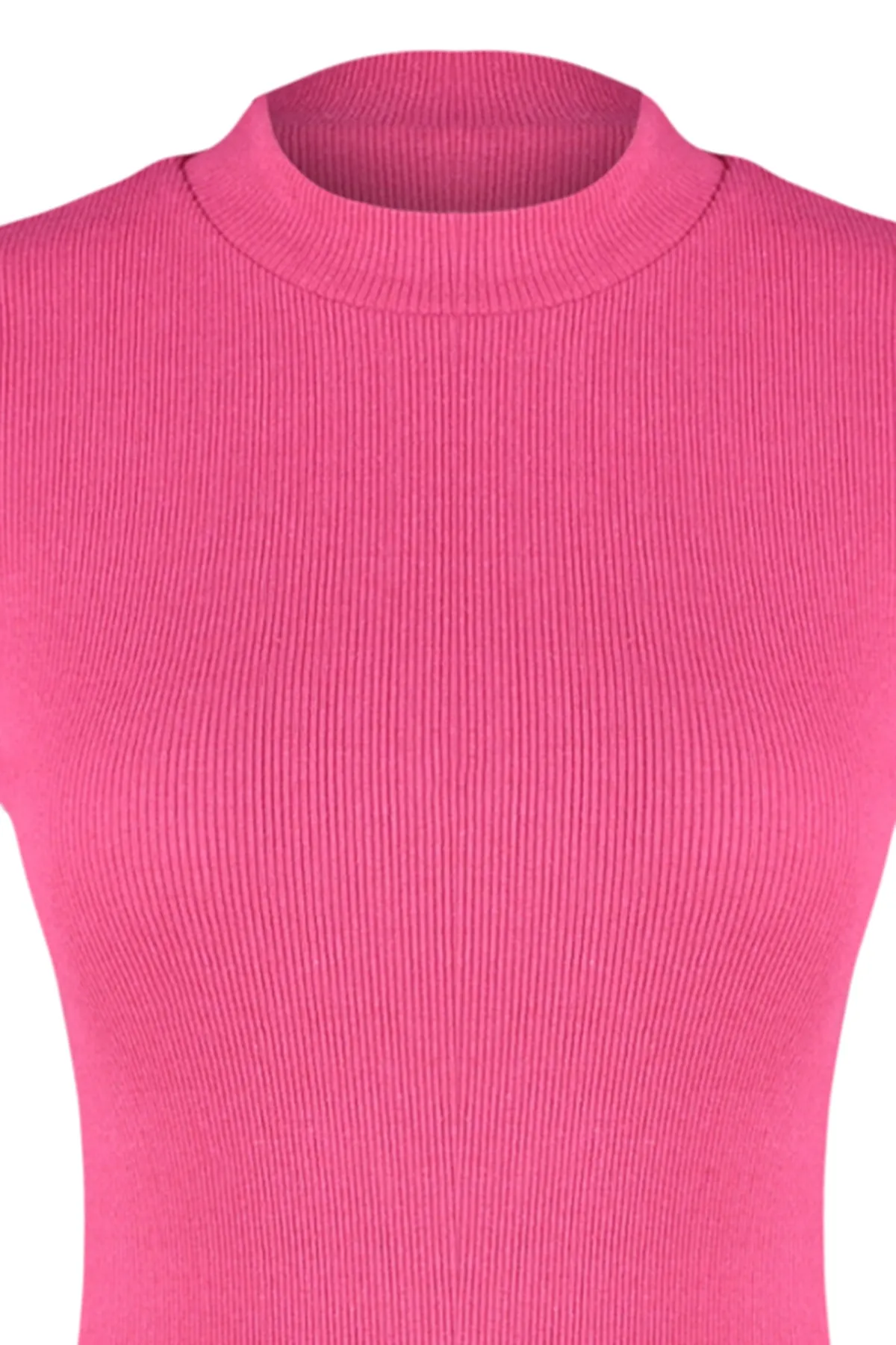 Trendyol Collection  Fuchsia Kurzärmliges, geripptes, dehnbares Mini-Bleistiftkleid aus Strick mit Rundhalsausschnitt TWOSS22EL2822