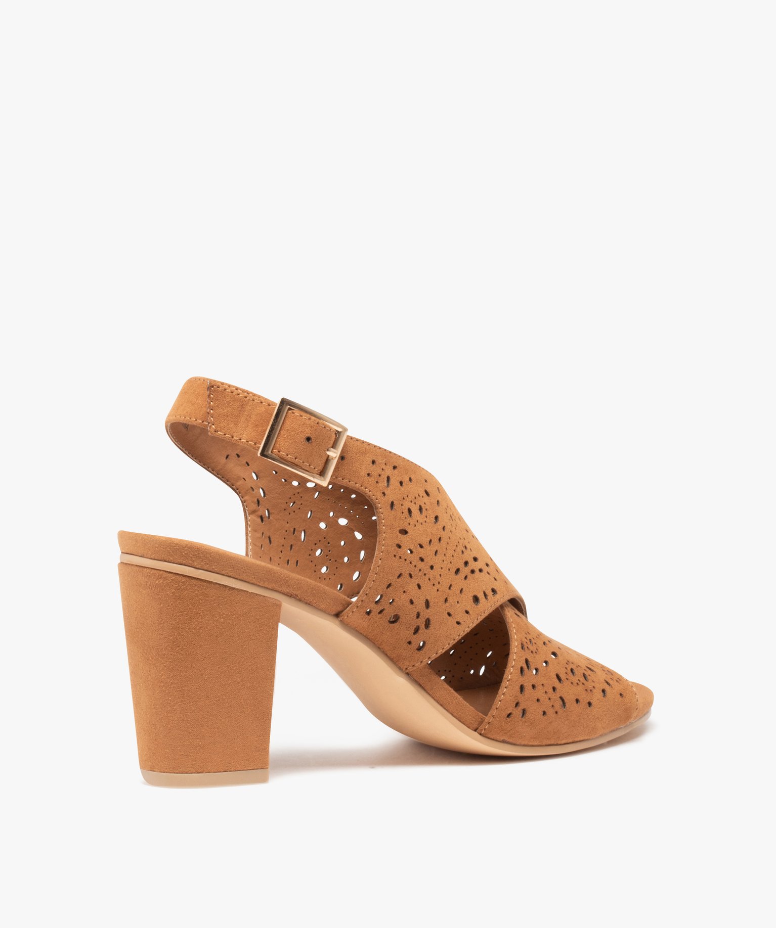 Sandales femme unies à talon carré et brides perforées camel | GEMO