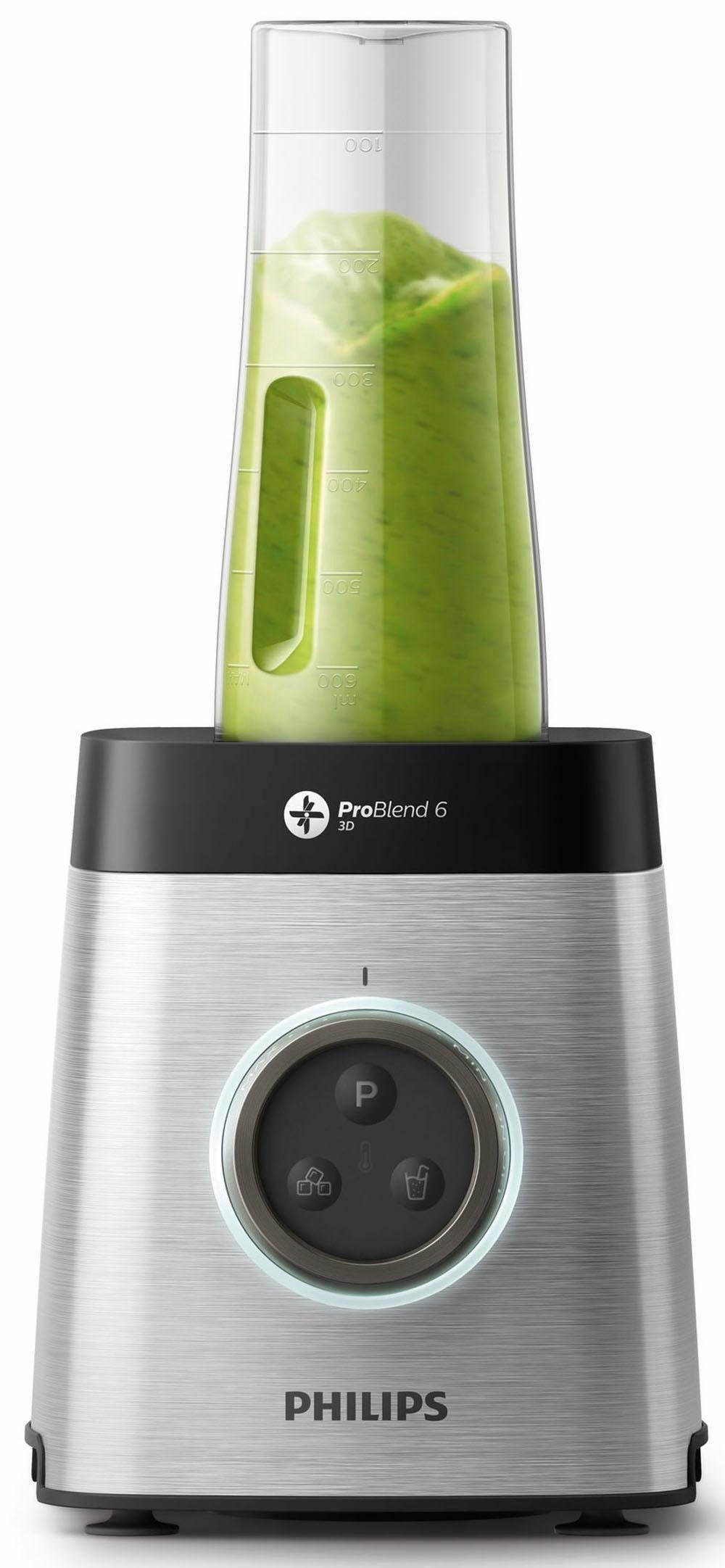 Philips Standmixer HR3655/00, 1400 W, ProBlend 6 3D Technologie, 2 Liter Glasbehälter, 2x Trinkflaschen