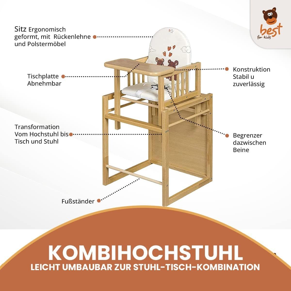 Best for Kids Kombihochstuhl Victoria, leicht umbaubar zur Stuhl-Tisch-Kombination
