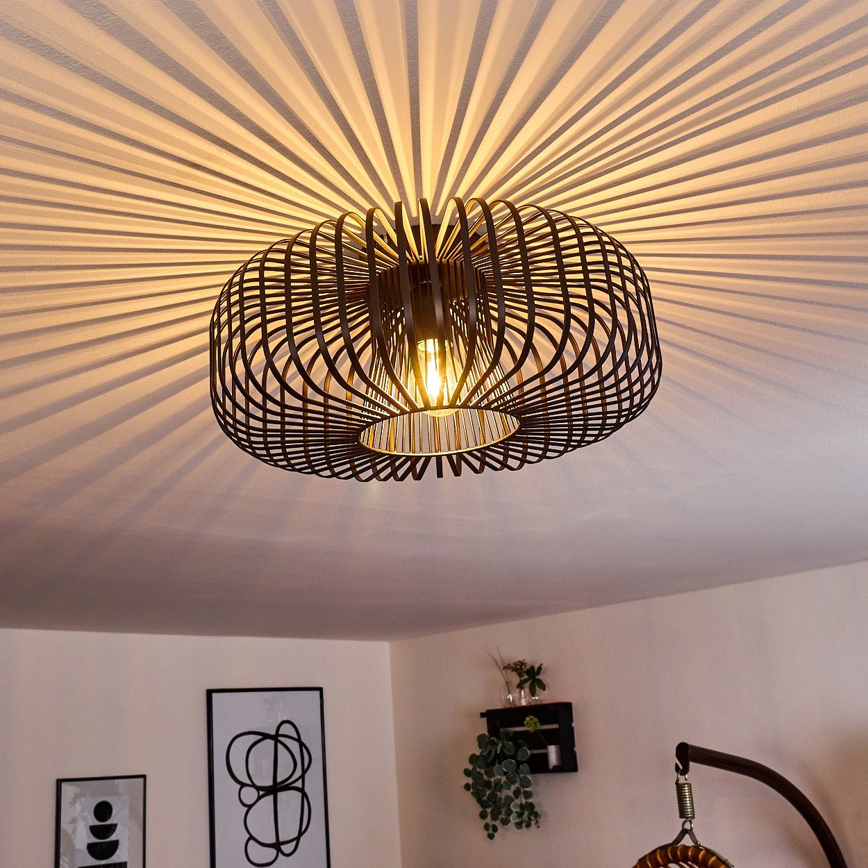 hofstein Deckenleuchte Pieris runde Deckenlampe aus Metall in Schwarz, ohne Leuchtmittel, E27, Retro-Leuchte mit Lichteffekt durch Gitter-Optik